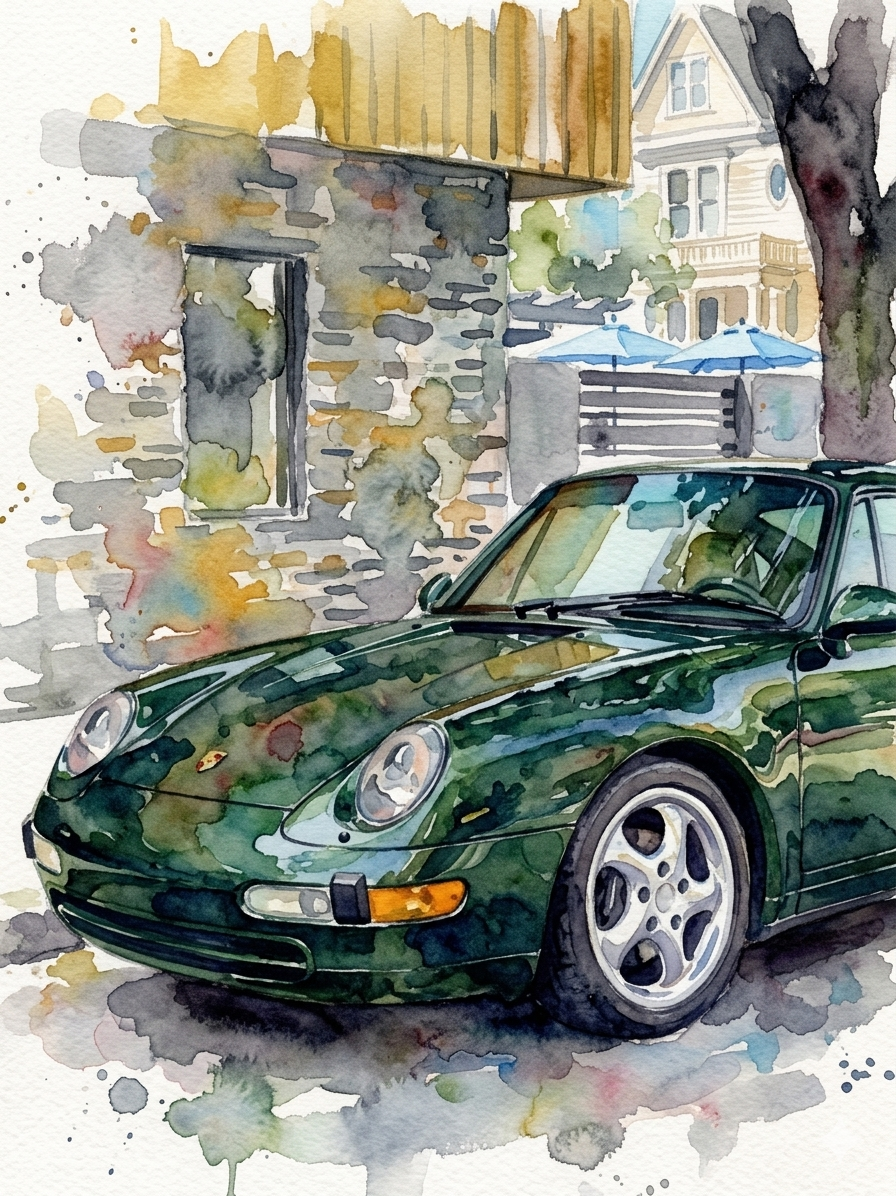 A green Porsche 993 Carrera parked in front of a Victorian house, watercolor illustration.